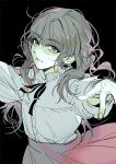  1girl artist_request black_background black_ribbon brown_eyes brown_hair commentary_request face_piercing fear_&amp;_hunger_(series) fear_&amp;_hunger_2:_termina frilled_shirt_collar frills highres korean_commentary long_hair looking_at_viewer lower_teeth_only marina_(fear_&amp;_hunger) mouth_piercing neck_ribbon outstretched_arms piercing pink_skirt protected_link ribbon shirt shirt_tucked_in simple_background skirt solo teeth upper_body white_shirt 