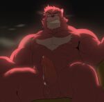  1boy abs animal_ears bakemono_no_ko baodory bara bear_boy bear_ears biceps black_background commentary completely_nude english_commentary erection facial_hair furry furry_male grin highres kumatetsu looking_at_viewer looking_down male_focus muscular muscular_male mustache_stubble nipples nude pectorals penis precum red_fur sitting smile stubble testicles 