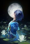  1boy absurdres adam's_apple anemo_symbol_(genshin_impact) arm_at_side belt bishounen black_belt black_bodysuit black_hair black_sky blue_cape blue_gem blue_sleeves bodysuit cape clear_sky closed_eyes commentary eyelashes facing_up feathers flower from_side full_moon furisode gem genshin_impact gold head_tilt highres japanese_clothes kimono layered_sleeves lily_(flower) lily_pad male_focus mandarin_collar moon multicolored_hair night nnikko parted_lips partially_submerged pom_pom_(clothes) purple_hair purple_rope purple_sash rope sash scaramouche_(genshin_impact) short_sleeves side_cape sky solo streaked_hair wanderer_(genshin_impact) wet wet_clothes wet_hair white_flower white_kimono white_mouth white_sleeves white_trim wispy_bangs yellow_feathers 