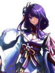  1girl ap_cammy braid breasts cleavage commentary cowboy_shot genshin_impact highres japanese_clothes kimono long_hair looking_at_viewer low-braided_long_hair low-tied_long_hair medium_breasts mole mole_under_eye obi parted_lips purple_eyes purple_hair purple_kimono raiden_shogun sash short_kimono simple_background solo white_background 