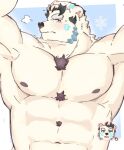  anthro arms_above_head bear blue_background bodily_fluids breath chibi_face clothed clothing embarrassed fur g-1ahar head_turned head_turned_sideways jack_frost_(tas) lifewonders looking_at_viewer male male/male mammal multicolored_body multicolored_fur nipples nude pecs puft_of_breath raised_arm raised_arms shaded simple_background simple_shading snowflake solo sweat sweatdrop tokyo_afterschool_summoners topless topless_male white_background white_body white_fur winter 