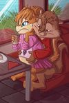  2017 alvin_and_the_chipmunks alvin_seville anthro belly beverage blue_eyes brittany_miller brown_eyes brown_fur brown_hair buckteeth chipmunk clothed clothing duo eyelashes female fuf fur hair half-closed_eyes inside male mammal pink_nose pregnant rodent sitting smile table teeth window 