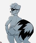 anthro backsack balls bottomless clothed clothing crazedg fluffy fluffy_tail holding_butt licking licking_lips looking-back looking_at_viewer male mammal monochrome naughty_face raccoon raised_tail rear_view signature sly_cooper sly_cooper_(series) solo standing tongue tongue_out video_games 