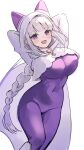 1girl :d absurdres arms_behind_head blue_pupils bodysuit braid breasts commentary_request covered_navel cowboy_shot emilia_(re:zero) grey_hair highres large_breasts long_hair looking_at_viewer marumai open_mouth purple_bodysuit purple_eyes re:zero_kara_hajimeru_isekai_seikatsu simple_background smile solo white_background 