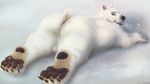  2017 5_toes anthro backsack balls bear big_butt black_nose blue_eyes butt claws fur looking_at_viewer looking_back lying male mammal nude on_front open_mouth outside overweight overweight_male paws polar_bear rear_view sharp_teeth smile snow snowing solo teeth toe_claws toes white_fur zen 
