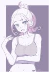  1girl :o arm_under_breasts bare_shoulders breasts collarbone commentary_request fanning_self hair_bun highres looking_at_viewer medium_breasts midriff open_mouth oto_(qls_xn) pokemon pokemon_legends:_z-a short_hair single_hair_bun solo sweat tank_top taunie_(pokemon) teeth twitter_username upper_teeth_only 
