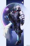  2025 absurd_res anthro belt black_clothing black_nose black_suit canid canine canis clothed clothing cybernetic_leg cybernetic_limb digit_ring eyewear finger_ring fingerless_gloves freegutchang69 fur gloves hair handwear harness hi_res jewelry looking_at_viewer male mammal mechanical_leg mihoyo raised_leg red_eyes shirt solo suit thiren topwear vest von_lycaon white_body white_clothing white_fur white_hair white_shirt white_topwear wolf zenless_zone_zero 