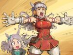  2girls animal_ears aqua_bow aqua_bowtie armband black_jacket blunt_bangs bow bowtie breasts brown_hat dragon_ball dragon_ball_z dress ear_bow ear_covers ear_ribbon gloves gold_ship_(red_strife)_(umamusume) gold_ship_(umamusume) grey_hair hat horse_ears horse_girl horse_tail jacket long_hair long_sleeves medium_breasts mejiro_mcqueen_(frontline_elegance)_(umamusume) mejiro_mcqueen_(umamusume) multiple_girls pantyhose physpunch pillbox_hat purple_eyes purple_hair red_bow red_dress ribbon scene_reference sleeveless sleeveless_dress striped_armband striped_clothes tail umamusume white_gloves white_pantyhose 