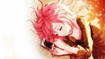  bad_id bad_pixiv_id breasts caidychen cellphone cleavage closed_eyes collarbone highres iphone lying on_back orange_shirt original phone pink_hair shirt short_hair small_breasts smartphone smile solo spiked_hair wooden_floor 