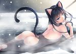  animal_ears ass back bad_id bad_pixiv_id bangs black_hair blue_eyes breasts cat_ears cat_girl cat_tail drooling eyebrows_visible_through_hair finger_in_mouth finger_to_mouth from_behind highres long_hair looking_at_viewer looking_back lying nude on_stomach onsen open_mouth original outdoors partially_submerged sakurai_unan saliva shoulder_blades sideboob small_breasts snow snowing solo steam tail winter 