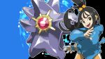  1girl black_eyes black_hair blacknirrow bracelet commentary cube_hair_ornament ear_piercing eyelashes gem hair_ornament highres hood hood_down jewelry lida_(pokemon) long_hair long_sleeves mega_pokemon mega_ring mega_starmie mega_stone open_mouth outline piercing pokemon pokemon_(creature) pokemon_legends:_z-a red_gem smile starmie teeth topknot two-tone_background upper_teeth_only water white_outline 