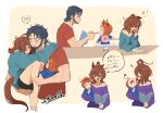  1boy 2girls :d aged_down agnes_tachyon_(casual)_(umamusume) agnes_tachyon_(umamusume) animal_ears aqua_shirt artist_name baby beard bib bike_shorts black_hair book bow brown_hair carrying carrying_person closed_mouth commentary_request daiwa_scarlet_(umamusume) drink_carton drooling ear_bow eating facial_hair family feeding heart highres holding holding_book holding_spoon horse_ears horse_girl horse_tail jewelry kiora06 long_sleeves math medium_hair milk_carton mouth_drool multiple_girls open_mouth purple_shirt red_bow red_eyes red_shirt ring shirt short_hair short_sleeves sleeping sleeves_past_fingers sleeves_past_wrists smile spanish_commentary spoken_heart spoon squeans tail toned toned_male trainer_(umamusume) umamusume unamused wedding_ring zzz 