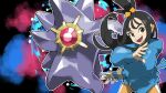  1girl black_eyes black_hair blacknirrow bracelet commentary cube_hair_ornament ear_piercing eyelashes gem hair_ornament highres hood hood_down jewelry lida_(pokemon) long_hair long_sleeves mega_pokemon mega_ring mega_starmie mega_stone open_mouth outline piercing pokemon pokemon_(creature) pokemon_legends:_z-a red_gem smile starmie teeth topknot upper_teeth_only water white_outline 