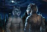  abs anthro bare_back blue_hair city digital_media_(artwork) feline fur hair looking_outside male mammal night reflection rhyu saber-toothed_cat sky solo standing tiger white_fur window 
