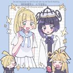  2boys 2girls :d :o backpack bag black_dress black_shirt blonde_hair blue_border blush_stickers bob_cut border brother_and_sister closed_eyes closed_mouth coat commentary_request dress eyelashes gladion_(pokemon) green_eyes grid_background gwynn_(pokemon) hair_over_one_eye hat highres ivor_(pokemon) lillie_(pokemon) long_hair long_sleeves looking_at_viewer mole mole_under_mouth multiple_boys multiple_girls open_clothes open_coat open_mouth outside_border pink_bag pleated_skirt pokemon pokemon_legends:_z-a pokemon_sun_and_moon ponytail purple_eyes purple_hair remoooon shirt short_hair short_sleeves siblings skirt smile trait_connection twitter_username white_shirt white_skirt 
