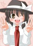  1girl asymmetrical_sidelocks black_hat blush bow brown_eyes brown_hair collared_shirt commentary_request dated fang hair_bow hat hat_bow kikkawa_(citrus_fruits) long_sleeves medium_hair one_eye_closed open_mouth pink_background shirt sidelocks smile solo star_(symbol) straight-on touhou upper_body usami_renko v white_bow white_shirt 