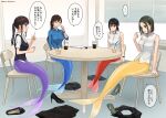  4girls :d artist_name black_hair black_skirt blue_tail breasts brown_hair chair closed_eyes collared_shirt commentary_request commission cup disposable_cup drinking_straw green_hair high_heels highres index_finger_raised indoors large_breasts medium_breasts merfolk merfolk_out_of_environment mermaid monster_girl multiple_girls office_lady on_chair original pixiv_commission purple_tail red_tail scales setu_kurokawa shirt shoes short_sleeves sitting skirt sleeves_rolled_up smile speech_bubble table translation_request twitter_username unworn_shoes unworn_skirt watermark white_shirt window yellow_tail 