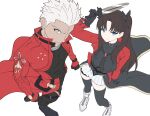  1boy 1girl absurdres archer_(fate) archer_(honkai:_star_rail)_(fate) black_necktie black_shirt blue_eyes bow brown_hair command_spell commentary_request crossed_arms crossover earrings fate/stay_night fate_(series) gem hair_bow highres honkai:_star_rail honkai_(series) jacket jewelry long_hair multiple_hair_bows necklace necktie official_alternate_costume one_eye_closed red_jacket rin's_pendant_(fate) shirt shokobr tohsaka_rin tohsaka_rin_(honkai:_star_rail) twintails unfinished white_background white_hair 