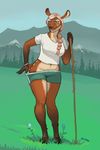  bracelet braided_hair cervine clothed clothing deer female flower grass hair jewelry mammal mountain outside plant shirt shorts siyah sky solo thick_thighs tree wide_hips 