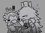  1x1x1x1_(roblox) 2others brownie_(food) closed_eyes commentary_request crown cuffs forsaken_(roblox) greyscale hand_up hands_up head_wings holding holding_tray hooded_robe korean_commentary long_hair monochrome multiple_others robe roblox see-through_body shackles sleeves_past_fingers sleeves_past_wrists squeans taph_(forsaken) tray very_long_hair wings yamblox 