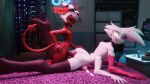  anal angel_dust anthro armwear bed black_eyelids bodily_fluids clothing cum demon doggystyle duo from_behind_position fur furniture genital_fluids hair hazbin_hotel hellaverse helluva_boss hi_res horn humanoid imp legwear lying lying_on_bed male male/male mirkchill moxxie_(helluva_boss) on_bed on_front pink_armwear pink_clothing purple_clothing purple_legwear red_body sex sex_on_bed white_armwear white_body white_clothing white_fur white_hair 