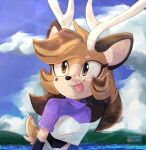  absurd_res anthro antlers black_nose brown_eyes brown_hair cervine clothing cloud deer eyelashes fan_character female hair hi_res horn kimber_manawari landscape mammal markings mole_(marking) pink_tongue sega shirt sky smile solo sonic_the_hedgehog_(series) spiced_deer tail tongue tongue_out topwear visayan_spotted_deer water 
