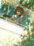  1girl :d amiya_(arknights) animal_ear_fluff animal_ears aqua_bow aqua_bowtie aqua_eyes aqua_ribbon arknights bare_arms bare_shoulders black_eyes blurry blurry_foreground bow bowtie brown_hair chinese_commentary chromatic_aberration commentary_request day dongfengjingzhe grin hair_between_eyes hand_in_own_hair hand_up highres long_hair ribbed_sweater ribbon sleeveless sleeveless_sweater smile solo sunlight sweater upper_body watermark white_sweater window 