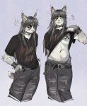  2026 5_fingers :3 alternative_fashion ambiguous_gender anthro band_shirt bangs belly_tuft belt belt_chain black_belt black_choker black_clothing black_jewelry black_necklace black_shirt black_topwear blep bobtail_cat bottomwear bracelet cat_smile cheek_tuft chest_tuft chin_piercing choker clothed clothing clothing_lift countershade_arms countershade_face countershade_neck countershading denim denim_bottomwear denim_clothing dipstick_ears dipstick_tail domestic_cat ear_markings ear_piercing emanata eyebrows eyes_closed facial_tuft felid feline felis fingers front_view fur furrowed_eyebrows glare grey_background grey_body grey_bottomwear grey_clothing grey_fur grey_pants hair hand_in_pocket helix_piercing hi_res hitomi_(wolfertinger) humanoid_hands industrial_piercing inner_ear_fluff japanese_bobtail jeans jewelry long_hair mammal markings metalhead monolid multicolored_ears navel navel_tuft necklace nipple_tape one_fang pants pasties piercing playful pockets portrait serious_face shirt shirt_lift short_sleeves short_tail simple_background skinny_ambiguous skinny_anthro solo spiked_bracelet spikes stripes t-shirt tail tail_markings tape thick_eyebrows three-quarter_portrait three-quarter_view tongue tongue_out topwear torn_bottomwear torn_clothing torn_jeans torn_pants trans_(lore) trans_woman_(lore) tuft white_body white_ear_tips white_fingers white_fur white_stripes white_tail_tip wolfertinger 