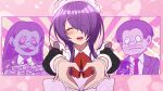  2boys ^_^ apron ascot back_bow banknote black_hair black_jacket blue_skin blush bow box closed_eyes closed_mouth collared_shirt colored_skin commentary crossdressing crossdressing_(mtf) dual_persona facing_viewer gegege_no_kitarou hair_over_one_eye han-gyojin heart heart_hands highres holding holding_box holding_money jacket kawaikute_gomen_(honeyworks) kitarou lapels maid maid_headdress male_focus marriage_proposal medium_hair merfolk merman money monster_boy multiple_boys nail_polish necktie one_eye_covered open_mouth outstretched_arms puffy_short_sleeves puffy_sleeves purple_hair purple_nails red_ascot red_eyes red_necktie ring_box sharp_teeth shirt short_hair short_sleeves silanduqiaocui smile sparkle teeth trap unworn_ring upper_body white_apron white_bow white_shirt wrist_cuffs 