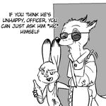  alcohol anthro beverage black_eye buckteeth canine cast dialogue disney drunk duo eyes_closed eyewear female fox judy_hopps lagomorph male mammal monochrome nick_wilde rabbit replytoanons size_difference sunglasses teeth text zootopia 