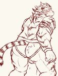  anthro blush butt clothing cum cum_on_butt erection feline jockstrap male mammal monochrome muscular orgasm simple_background solo tamura_kazumasa tenting tiger underwear white_background 