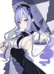  1girl ahoge armpits ascot black_nails blush bow bowtie breast_curtains breasts center_frills closed_mouth drill_hair drill_sidelocks frills hairband hand_up highres holding holding_umbrella large_breasts long_hair long_sleeves looking_at_viewer mole mole_under_eye multicolored_hair pointy_ears purple_ascot purple_bow purple_bowtie purple_hair purple_hairband purple_umbrella red_eyes shrug_(clothing) sideboob sideboob_cutout sidelocks simple_background solo streaked_hair tamamorh umbrella vivian_banshee white_background white_shrug zenless_zone_zero 