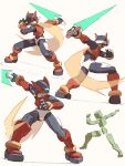 1boy absurdres android armor black_eyes black_gloves blonde_hair energy_sword fingerless_gloves forehead_jewel gloves helmet highres holding holding_sword holding_weapon long_hair male_focus mega_man_(series) mega_man_zero_(series) omochi_(mochi_skymega) red_armor red_helmet simple_background solo sword weapon white_background z_saber zero(z)_(mega_man) zero_(mega_man) 