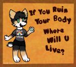  anthro barefoot bottomwear canid canine canis celestial_espeon clothing feet female fur green_eyes low_res mammal marblesoda orange_body orange_fur parody piercing shirt shorts simple_background solo standing tail text text_on_clothing text_on_shirt text_on_topwear topwear wolf 