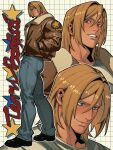  1boy black_shoes blonde_hair blue_eyes blue_pants bomber_jacket brown_jacket character_name closed_mouth commentary cropped_torso denim fatal_fury fatal_fury:_city_of_the_wolves grid_background grin hair_between_eyes hair_intakes hands_in_pockets highres jacket jeans long_sleeves male_focus medium_hair multiple_views pants plasticcero99 shoes smile star_(symbol) terry_bogard untranslatable_commentary 
