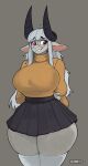  absolute_territory ahoge anthro bangs big_breasts big_horn black_bottomwear black_clothing black_skirt bottomwear bovid braces breasts caprine carly_(duase) clothing curvy_figure duase eyewear female glasses goat goat_ears grey_hair grin hair hands_behind_back hi_res horn hourglass_figure huge_breasts legwear long_hair looking_aside looking_away mammal pleated_skirt portrait purple_eyes round_glasses shy simple_background skirt smile solo squish straight_bangs sweater thick_thighs thigh_highs thigh_squish three-quarter_portrait three-quarter_view topwear turtleneck voluptuous white_clothing white_legwear white_thigh_highs wide_hips yellow_clothing yellow_sweater yellow_topwear 