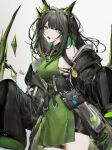  1girl a_(user_cxnx7374) arknights bare_shoulders black_coat black_hair black_sash breasts bright_pupils chromatic_aberration coat colored_inner_hair commentary cowboy_shot crystal dress emoji fangs green_dress green_eyes green_hair grey_background highres long_hair looking_at_viewer medium_breasts mon3tr_(arknights) multicolored_hair off_shoulder open_mouth pouch sash short_dress simple_background sleeves_past_fingers sleeves_past_wrists solo standing teeth white_pupils zipper zipper_pull_tab 