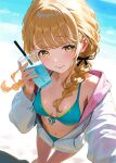  1girl absurdres aqua_bikini arm_up beach bikini black_ribbon blonde_hair blush braid breasts closed_mouth commentary_request cup disposable_cup enu_illustip feet_out_of_frame foreshortening fujita_kotone gakuen_idolmaster hair_ribbon highres holding holding_cup idolmaster jacket long_hair looking_at_viewer low_twin_braids ocean outdoors outstretched_arm partially_unzipped ribbon small_breasts smile solo standing swimsuit thighs twin_braids white_jacket yellow_eyes 