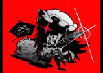  1boy 1other 1x1x1x1_(roblox) :p apron clenched_hand forsaken_(roblox) glint greyscale_with_colored_background hat holding holding_sword holding_weapon maid mob_cap red_background roblox see-through_body shedletsky_(roblox) sparkle spoken_skull sword tongue tongue_out weapon x_x yamblox 