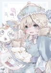 1girl absurdres blonde_hair blue_dress blue_eyes china_dress chinese_clothes dress food hand_up hands_up hat highres jiangshi komi_eshi mochi ofuda ofuda_on_head open_mouth original qingdai_guanmao short_hair zombie 