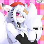  &lt;3 &lt;3_eyes abstract_background anthro armwear big_breasts bikini black_armwear black_nose blush bra breasts canine cleavage clothed clothing digital_media_(artwork) dog female fur hair half-length_portrait hat hi_res kemono long_hair looking_at_viewer mammal portrait posture_collar signature simple_background solo swimsuit underwear white_fur white_hair yus-ts 