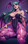  1girl abs animal_print bare_shoulders bat_print bat_wings blunt_bangs blush breasts bridal_gauntlets capcom cleavage clothing_cutout collarbone commentary covered_abs csaurageul darkstalkers demon_girl english_commentary facing_to_the_side fur-trimmed_leotard fur_trim green_eyes green_hair head_wings heart_cutout highleg highleg_leotard highres leg_up leotard lips long_hair looking_at_viewer morrigan_aensland muscular nose off-shoulder_leotard pantyhose print_pantyhose puckered_lips purple_background purple_pantyhose purple_wings simple_background skin_tight solo thick_thighs thighs toned toned_female upper_body wings 