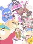  2boys 2girls absurdres animal_ears animatronic archives.gokulism blue_eyes blue_helmet bon_bon_(fnaf) brown_hair commentary crossover eric_cartman fingernails five_nights_at_freddy's five_nights_at_freddy's:_sister_location funtime_freddy furry furry_female hand_puppet hat helmet highres horse_ears horse_girl humanoid_robot jacket jeffy_(sml) jewelry long_sleeves marche_lorraine_(umamusume) mismatched_ear_covers miss_piggy mr._hat_(south_park) multiple_boys multiple_crossover multiple_girls muppets necklace pencil pig_ears pig_girl puppet purple_eyes red_hat red_jacket ring robot shirt simple_background south_park supermariologan trait_connection white_background yellow_shirt 