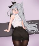  1girl absurdres bare_arms black_pantyhose black_ribbon black_skirt blue_eyes braid braided_bangs center-flap_bangs collared_shirt commentary cone_hair_bun double-parted_bangs double_bun english_commentary from_behind grey_hair hair_bun hair_ornament hair_ribbon hairclip halter_shirt halterneck highres hololive hololive_indonesia long_hair looking_at_viewer looking_back miniskirt official_alternate_costume open_mouth pantyhose pantylines pencil_skirt ranox ribbon shirt shirt_tucked_in skirt sleeveless sleeveless_shirt solo two_side_up very_long_hair vestia_zeta vestia_zeta_(businesswoman) virtual_youtuber white_shirt 