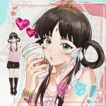  !? 1girl :o ace_attorney alternate_costume arm_up bead_bracelet beads black_boots black_hair black_skirt boots bow bowtie bracelet breasts butterfly_ornament collarbone cup dated diamond_(shape) disposable_coffee_cup disposable_cup facial_mark fingernails forehead_mark frilled_shirt frills gem green_eyes green_gem grid_background hair_ribbon hair_rings hand_on_own_hip heart-shaped_gem highres holding holding_cup jewelry knee_boots looking_at_viewer miniskirt multiple_views open_mouth parted_bangs phoenix_wright:_ace_attorney_-_spirit_of_justice pink_bow pink_bowtie pink_shirt rayfa_padma_khura'in red_gem ribbon shirt short_hair_with_long_locks short_sleeves sio2_(whynotkarma) skirt small_breasts tiara v-neck whisker_markings white_ribbon 
