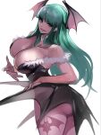  1girl animal_print ass_peek backlighting bat_print blunt_bangs breasts cleavage cowboy_shot darkstalkers demon_girl demon_wings fur-trimmed_leotard fur_trim green_eyes green_hair grin hand_on_own_wing head_wings highres large_breasts leotard long_hair looking_at_viewer meke_(77842928) morrigan_aensland pantyhose purple_leotard purple_pantyhose revision smile solo strapless strapless_leotard wing_wrap wings 