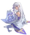  1girl absurdres bare_shoulders boots braid breasts commentary_request crown_braid detached_sleeves emilia_(re:zero) full_body hair_ornament highres knees_up kurattes long_hair long_sleeves looking_at_viewer pleated_skirt pointy_ears re:zero_kara_hajimeru_isekai_seikatsu shoes skirt solo thigh_boots white_hair white_shoes white_skirt wide_sleeves 