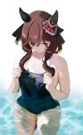  1girl absurdres adjusting_clothes adjusting_swimsuit animal_ears bare_arms black_one-piece_swimsuit braid braided_hair_rings breasts brown_hair closed_eyes commentary_request ear_covers gentildonna_(umamusume) hair_ornament hair_rings heart_ear_ornament highres horse_ears horse_girl long_hair one-piece_swimsuit partially_submerged pool solo swimsuit umainu_2002 umamusume wading water 