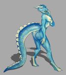  2017 anthro blue_scales breasts bubble_butt butt dragon female horn kobold lizard looking_at_viewer looking_back non-mammal_breasts pinklepickle red_eyes reptile scales scalie simple_background solo teeth 