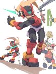 1boy absurdres android armor black_eyes black_gloves blonde_hair commentary energy_sword fingerless_gloves forehead_jewel gloves hanging helmet highres holding holding_sword holding_weapon lead_pipe long_hair male_focus mega_man_(series) mega_man_zero_(series) omochi_(mochi_skymega) red_armor red_helmet simple_background solo sword weapon white_background z_saber zero(z)_(mega_man) zero_(mega_man) 